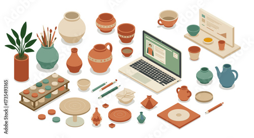 Modern pottery studio workspace with laptop and craft tools in isometric design