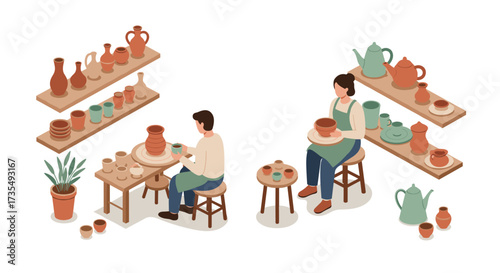 Isometric pottery workshop with artisans crafting clay vessels and ceramics