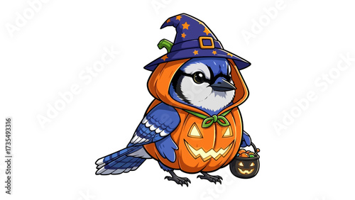 Blue Jay in Halloween Costume: A whimsical cartoon portrays a vibrant blue jay adorably dressed for Halloween, clad in a pumpkin-shaped costume and a witch's hat, holding a trick-or-treat basket