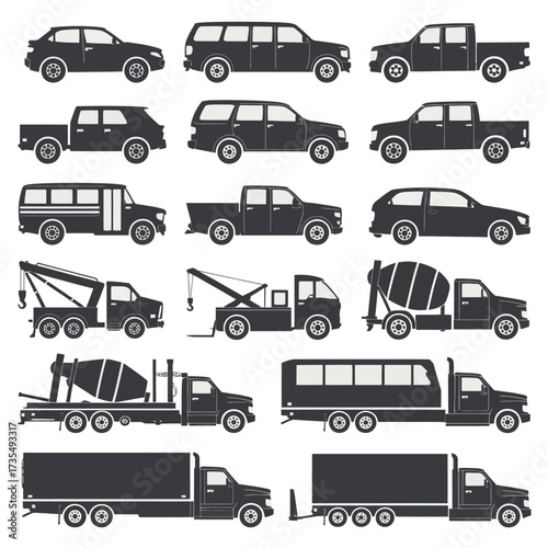 Collection of silhouetted vehicle icons including cars trucks and construction equipment