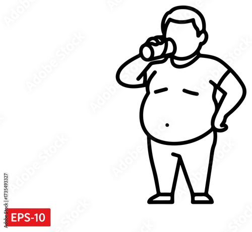 Overweight man drinking from a can, outline illustration on white