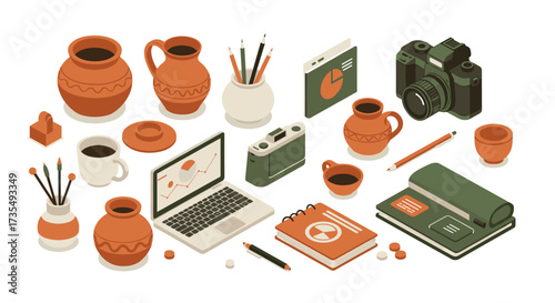 Modern creative workspace with isometric gadgets and ceramic accents