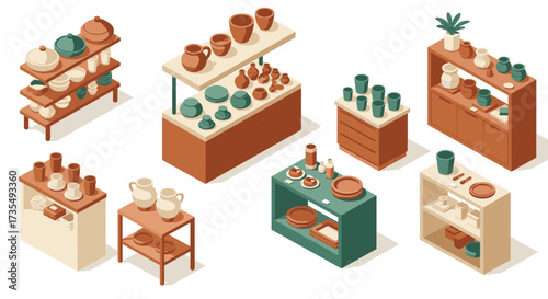 Vintage ceramic collection on display with isometric shelving and decor