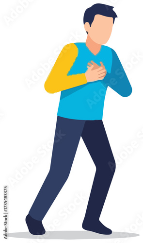 Man clutching chest, experiencing chest pain, isolated on white background