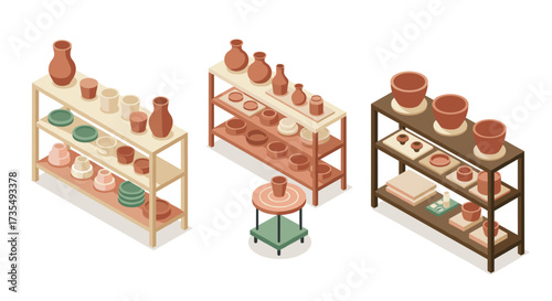 Isometric pottery studio with diverse clay vessels on shelves and pottery wheel