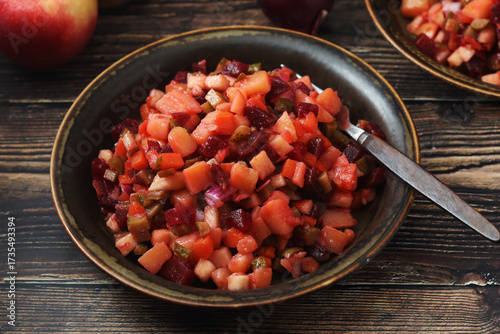 A bowl with traditional Rosolli salad, Finnish cuisine