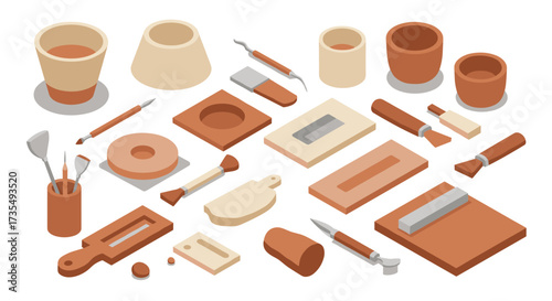 Isometric pottery tools on white background for creative ceramic design