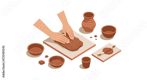 Hands crafting clay pottery isometric art of handmade ceramic creation