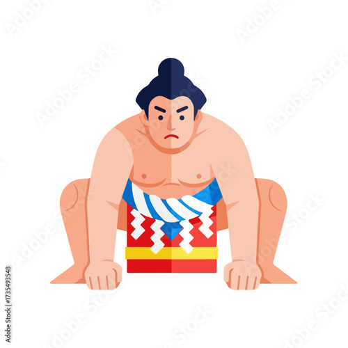 Sumo wrestler in ready stance with traditional mawashi on white