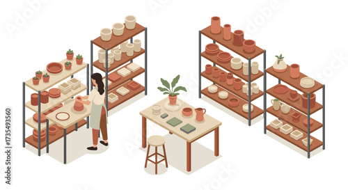 Isometric pottery workshop with shelves of ceramics and crafts