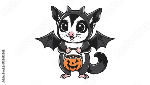 Happy Halloween: A charming illustration of a sugar glider in a bat costume carrying a glowing Jack-o'-lantern, perfect for celebrating the spooky season.