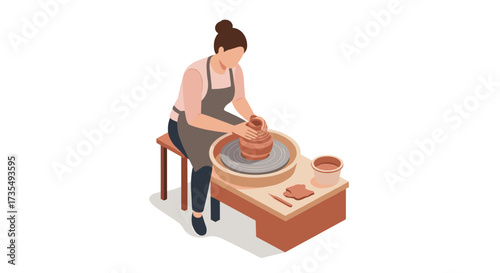 Isometric pottery crafting scene with woman shaping clay on pottery wheel