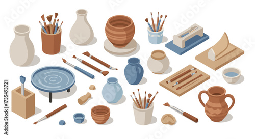Ceramic art supplies and tools isometric illustration with pottery and brushes
