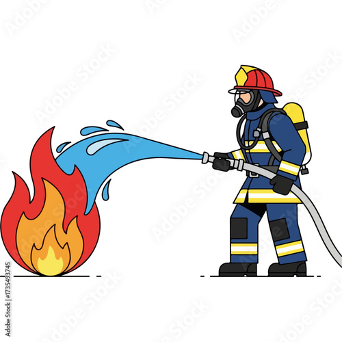 Firefighter extinguishing flames with water from hose on white background