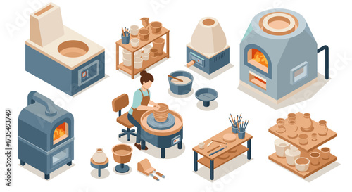 Ceramic workshop with pottery wheel and ovens in isometric style