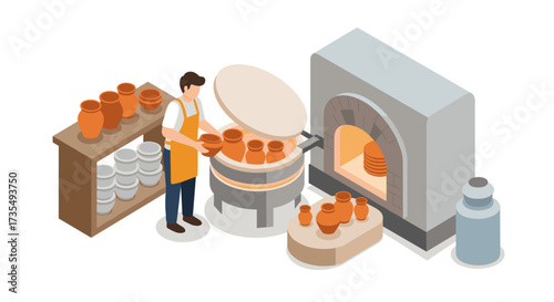 Pottery creation process with kiln in modern isometric design