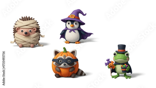 Halloween Mascot: A whimsical group of charming animal mascots in festive Halloween costumes. A playful hedgehog, a dapper penguin, a mischievous raccoon and a frog