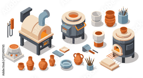 Pottery workshop tools and kilns in isometric style for craft enthusiasts