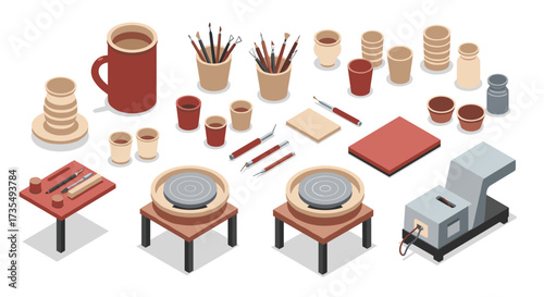 Isometric pottery workshop with tools and supplies in minimalist design