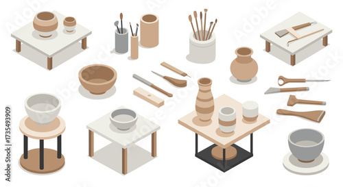 Ceramic pottery tools and vessels in modern isometric design