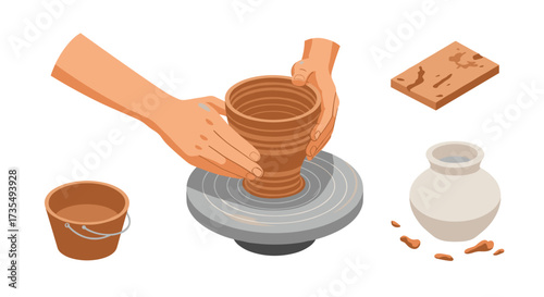 Hands crafting clay pot on wheel with pottery tools and supplies