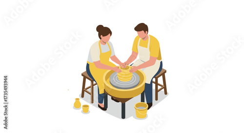 Pottery class with couple shaping clay on pottery wheel, isometric art style