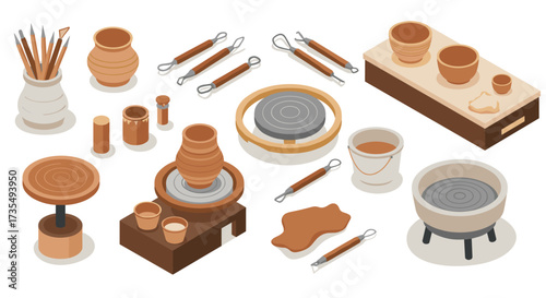 Isometric pottery workshop tools and equipment set