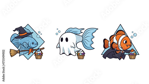 Halloween Fishy Fun: whimsical illustrations, three adorable fish dressed in spooky attire get ready for trick or treat time.