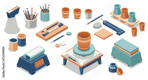 Isometric pottery workshop equipment and tools in modern design