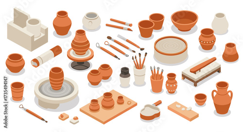 Pottery tools and clay art in isometric style pots, bowls, and sculpting accessories