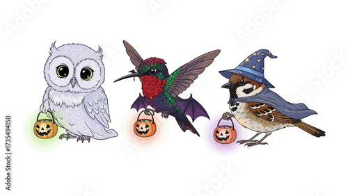 Spooky Bird Trick or Treat: A trio of charming birds adorned in whimsical Halloween attire, each clutching a glowing jack-o'-lantern, are ready to trick-or-treat!