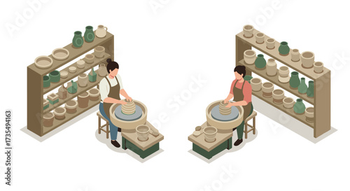 Isometric pottery workshop with artists crafting on pottery wheel