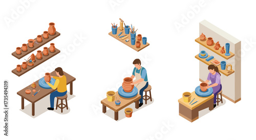Isometric pottery workshop crafting clay art on pottery wheels with tools and shelves