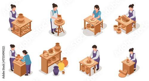 Isometric pottery crafting diverse scenes of artisans shaping clay
