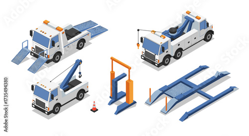 Isometric tow trucks and garage equipment for vehicle assistance and repair