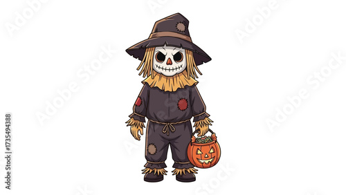 Spooky Scarecrow: This illustration presents a cute scarecrow, embodying the spirit of a Halloween, stands with a pumpkin-shaped bucket, filled with treats. Perfect for adding a festive touch.