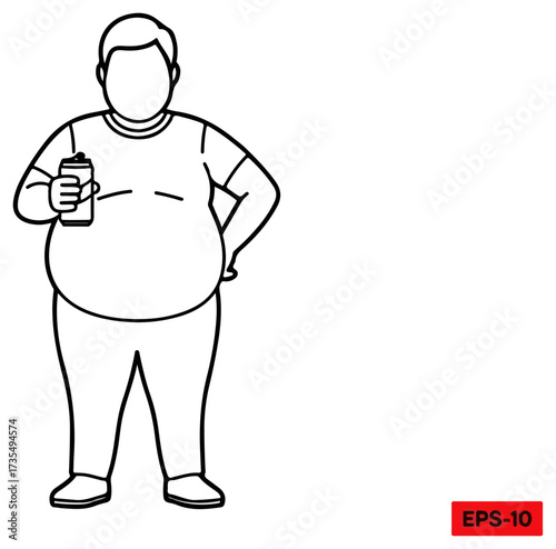 Overweight person holding soda can, outline drawing on white background
