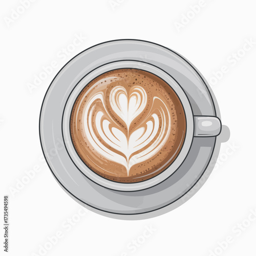 Overhead view of a delicious latte with beautiful latte art in a white cup