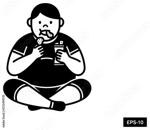 Boy eating ice cream and drinking beverage, isolated on white