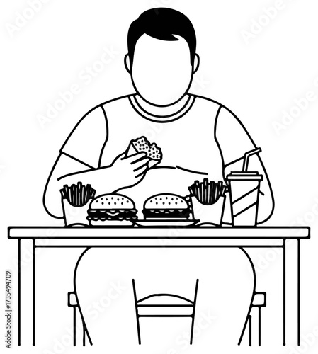 Overweight person eating burger and fries at fast food restaurant