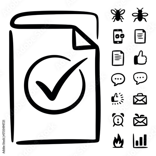 Hand drawn document with check mark and various icons