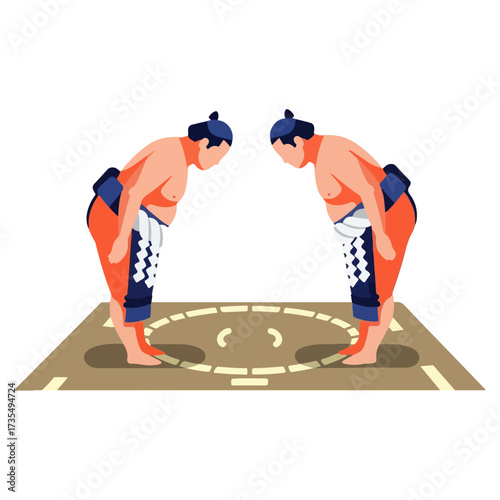 Sumo wrestlers bowing to each other before match in ring