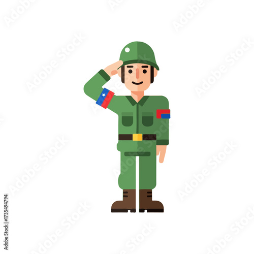 Soldier saluting with arm band, flat vector illustration