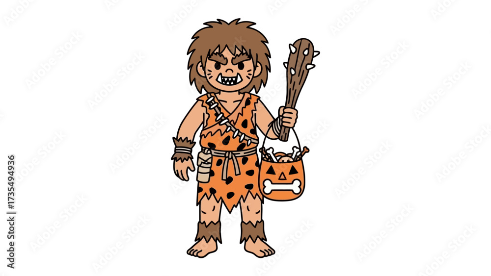 Φωτογραφία Cave Dweller in Costume: A cartoon cave dweller holding a primitive club and a bone-filled satchel stands ready to face the ancient day, evoking a sense of playful nostalgia and primitive charm