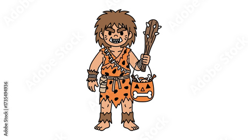 Cave Dweller in Costume: A cartoon cave dweller holding a primitive club and a bone-filled satchel stands ready to face the ancient day, evoking a sense of playful nostalgia and primitive charm.