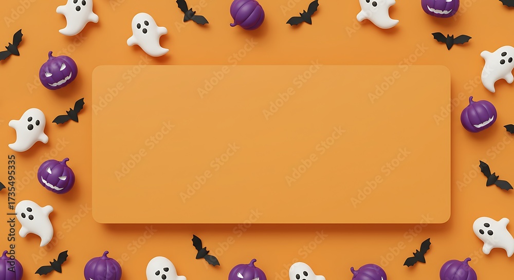 Fototapeta premium Halloween Background with Ghosts, Bats, and Pumpkins on Orange