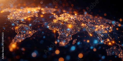 Global network connectivity earth map digital art night scene aerial view modern technology concept
