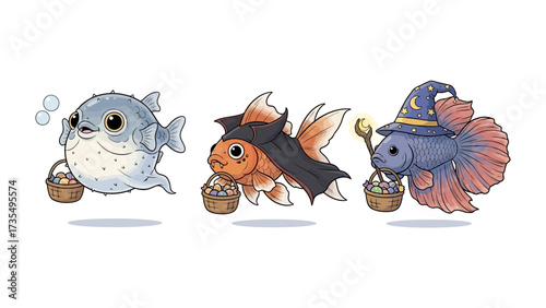 Aquatic Costume Parade: An whimsical image of three charming aquatic creatures, dressed in fanciful costumes and carrying treat baskets. This captures the spirit of fun and enchantment.