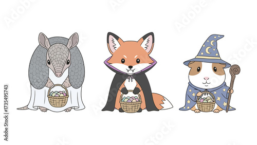 Enchanted Creature Trio: Adorable trio of a Armadillo, a fox and a Guinea pig adorned in charming outfits holding treat baskets, inviting warmth and smiles.