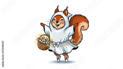 Whimsical Squirrel Illustration: An adorable squirrel character in a fanciful white attire, ballet shoes and a basket of floral blossoms. The cute image captures the essence of joy and delight.
